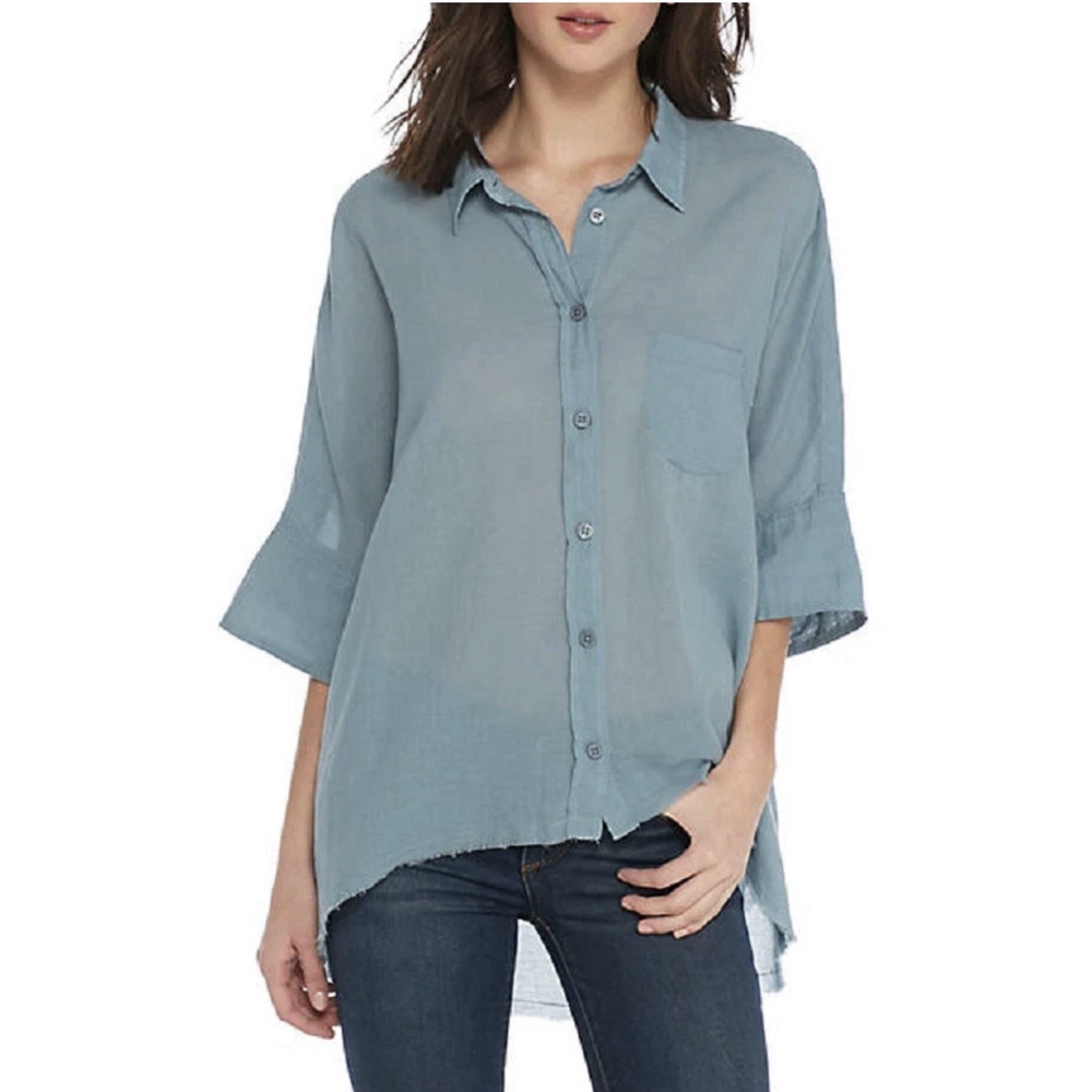 Free People Blue/Teal Cotton Shirt Blouse High Low Raw Hem Oversized Tunic Sz XS